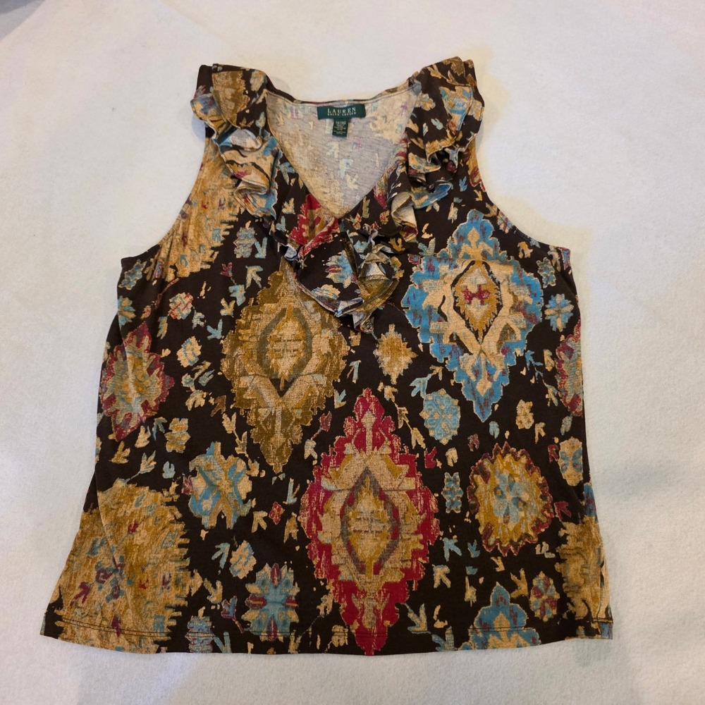Lauren Ralph Lauren Womens 1X Ikat Medallion Ruffle V-Neck Cotton Tank Top Brown